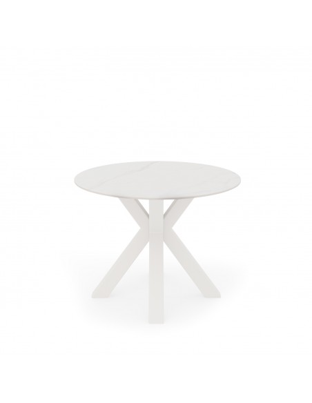 Mesa redonda Argo de porcelânico branco de 100, pés de metal branco.