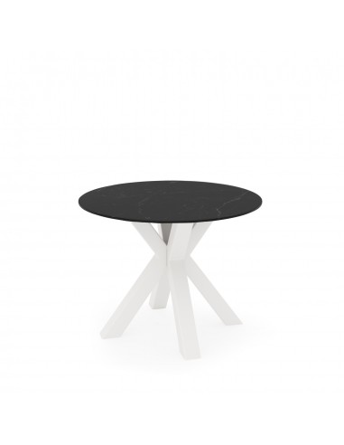 Mesa redonda Argo de porcelânico preto de 100, pés de metal branco.