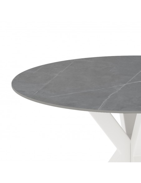 Mesa redonda Argo de porcelânico gris de 100, pés de metal branco.