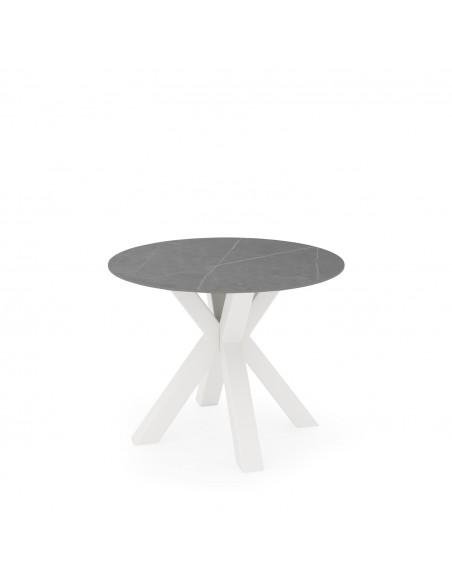 Mesa redonda Argo de porcelânico gris de 100, pés de metal branco.