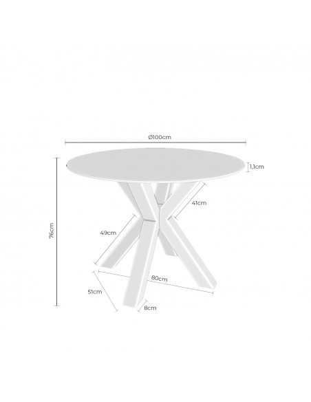 Mesa redonda Argo de porcelânico gris de 100, pés de metal branco.