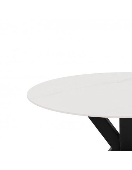 Mesa redonda porcelánico blanco Argo 120 cm, pies metal negro.