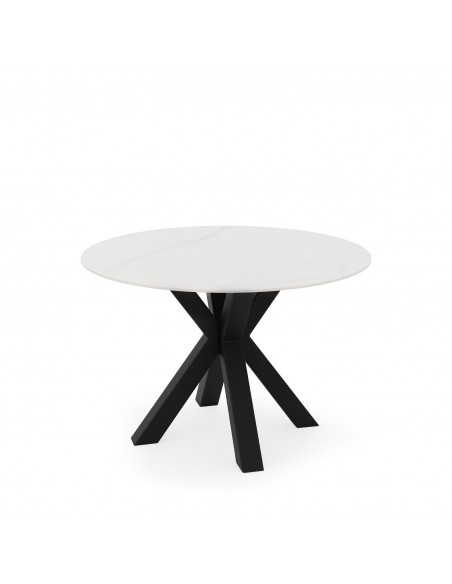 Mesa redonda Argo de porcelânico branco de 120 cm, pés de metal preto.