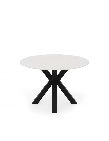 Mesa redonda Argo de porcelânico branco de 120 cm, pés de metal preto.