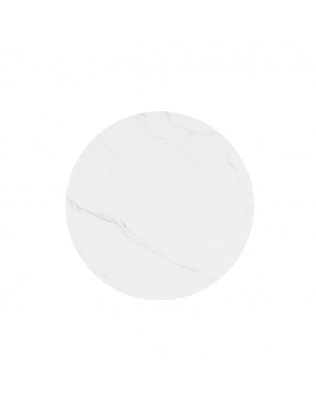 Mesa redonda Argo de porcelânico branco de 120 cm, pés de metal preto.