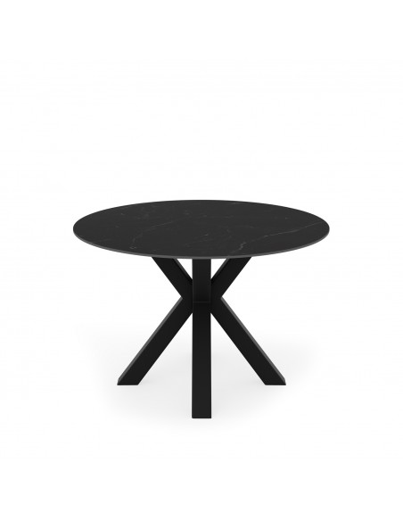 Mesa redonda Argo de porcelânico preto de 120 cm, pés de metal preto.
