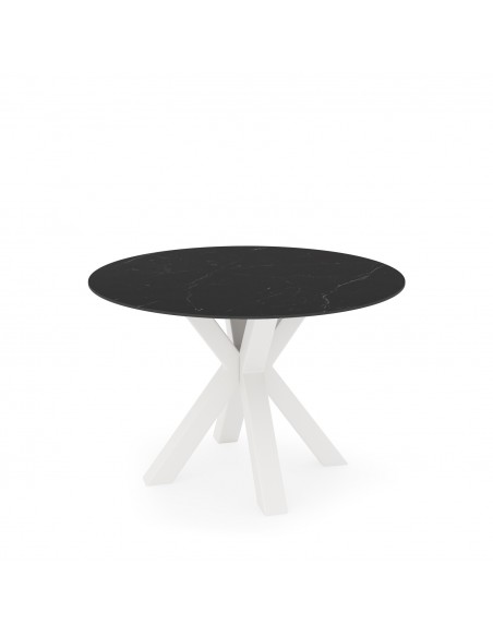 Mesa redonda Argo de porcelânico preto de 120 cm, pés de metal branco.