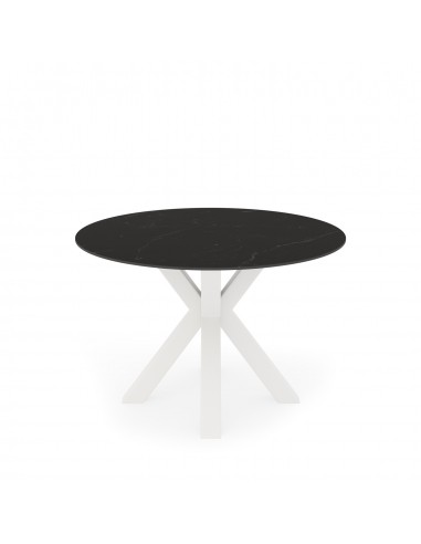 Mesa redonda Argo de porcelânico preto de 120 cm, pés de metal branco.