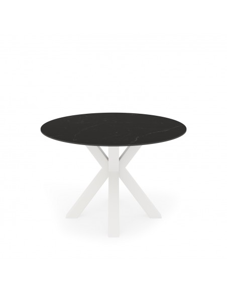 Mesa redonda Argo de porcelânico preto de 120 cm, pés de metal branco.