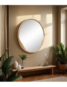 Espejo moderno de pared REDONDO 90 en MADERA color roble.