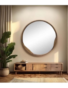 Espejo moderno de pared REDONDO 90 en MADERA color nogal