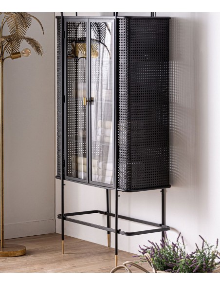 Vitrine FUSSEN 80 x 40 x 165 em ferro preto e dourado, estilo industrial
