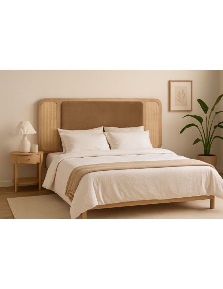 Cabeceira Larvik 160 cm, estilo Zen nórdico com rattan e veludo