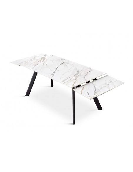 Mesa extensível minimalista ARMINIA em porcelânico branca 140(200) x 90, pernas em metal preto