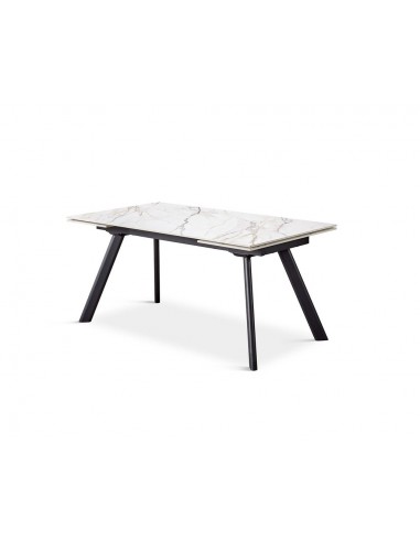Mesa minimalista extensible porcelánico blanco ARMINIA 140(200) x 80, pies metal negro