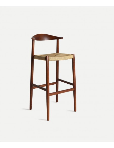 Taburete nórdico con brazos ZELHEM 76 de madera color nogal y cuerda beige