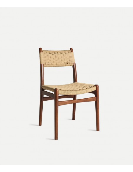 Silla artesanal nórdica WHEL de madera color nogal y cuerda beige