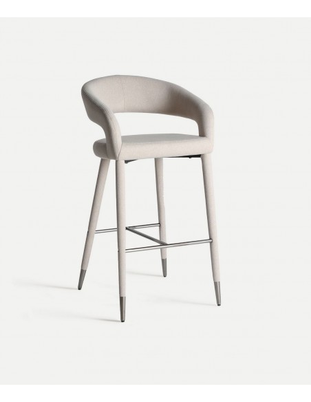 Taburete alto art déco CASSEL 76 de acero inoxidable y tejido blanco roto