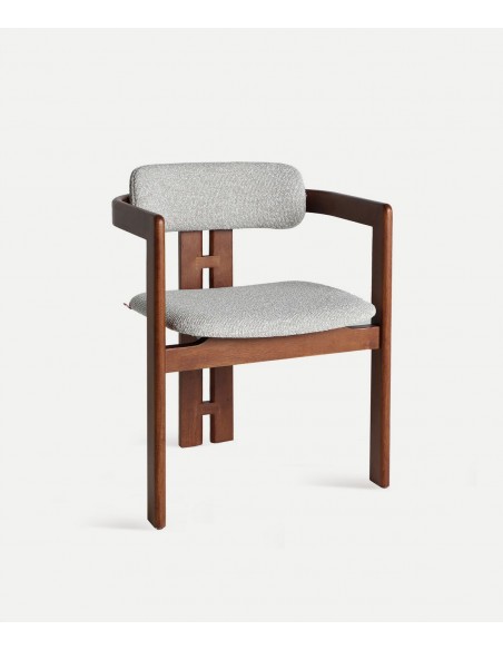 Silla HEDEL de diseño arquitectónico en madera color nogal y tapizado gris