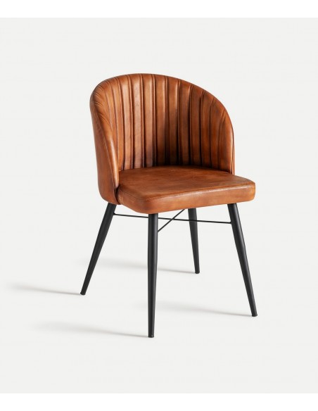 Cadeira LUARD em pele castanha, estilo industrial, pernas em metal preto