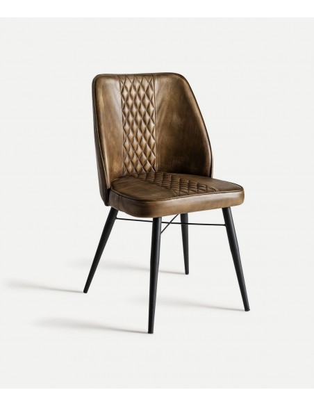 Cadeira BROUSE em pele de camelo, estilo industrial, pernas em metal preto