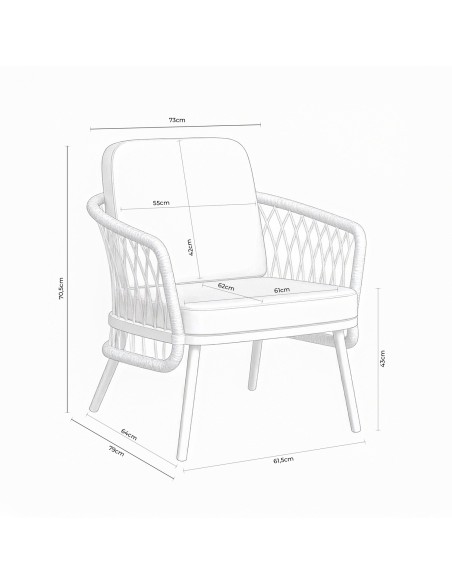 Conjunto de jardín ODESA acero galvanizado negro y cuerda beige, sofá, sillones y mesa