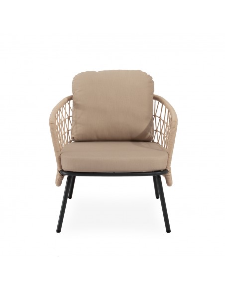 Conjunto de jardín ODESA acero galvanizado negro y cuerda beige, sofá, sillones y mesa