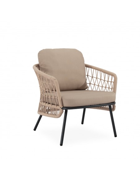 Conjunto de jardín ODESA acero galvanizado negro y cuerda beige, sofá, sillones y mesa