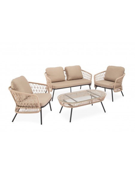 Conjunto de jardín ODESA acero galvanizado negro y cuerda beige, sofá, sillones y mesa