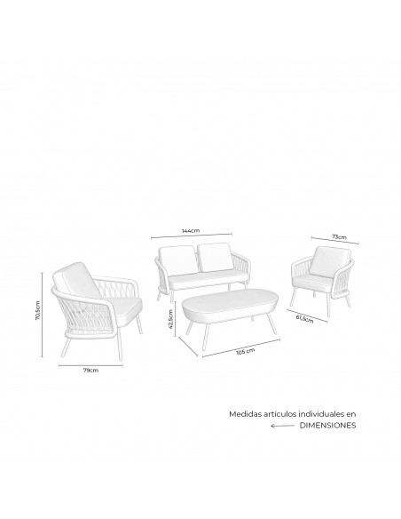 Conjunto de jardín ODESA acero galvanizado negro y cuerda beige, sofá, sillones y mesa