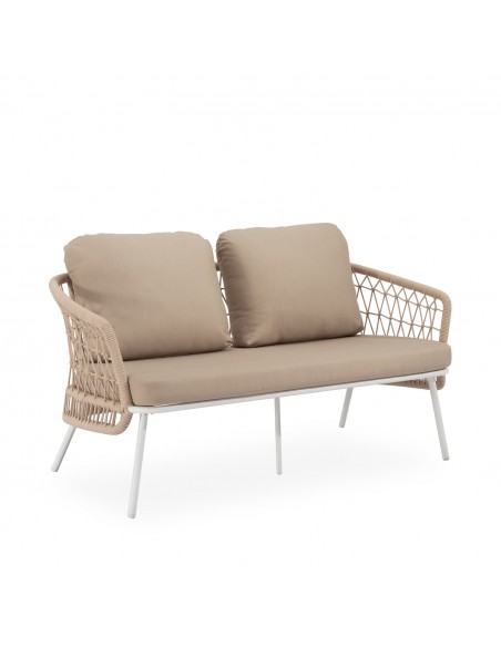 Conjunto de jardín ODESA acero galvanizado blanco y cuerda beige, sofá, sillones y mesa