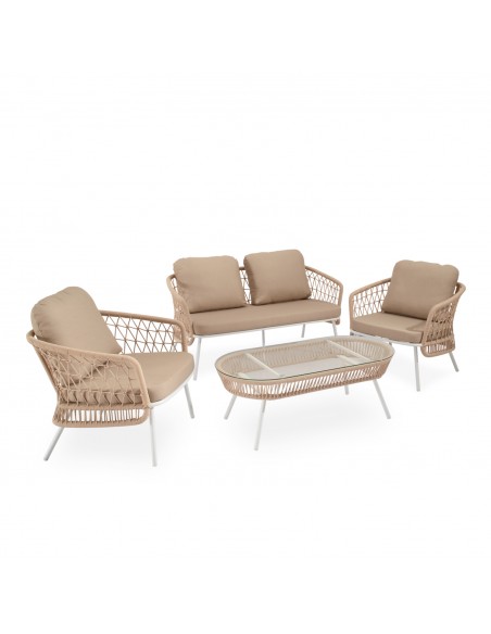 Conjunto de jardín ODESA acero galvanizado blanco y cuerda beige, sofá, sillones y mesa