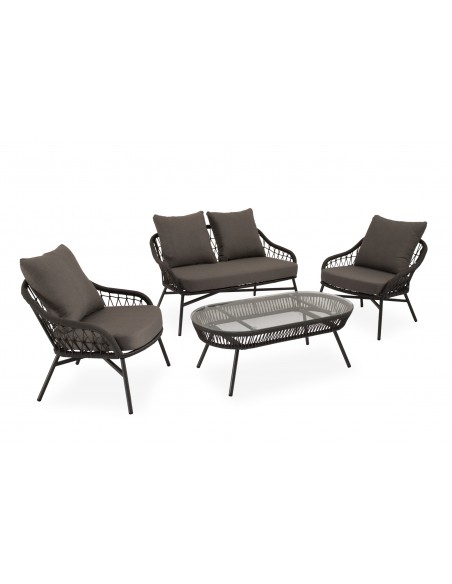 Conjunto de jardín SALONICA gris con sofá, sillones y mesa de cuerda y acero galvanizado