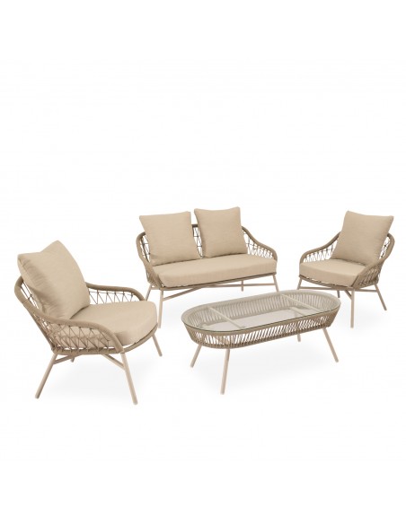Conjunto de jardín SALONICA beige con sofá, sillones y mesa de cuerda y acero galvanizado