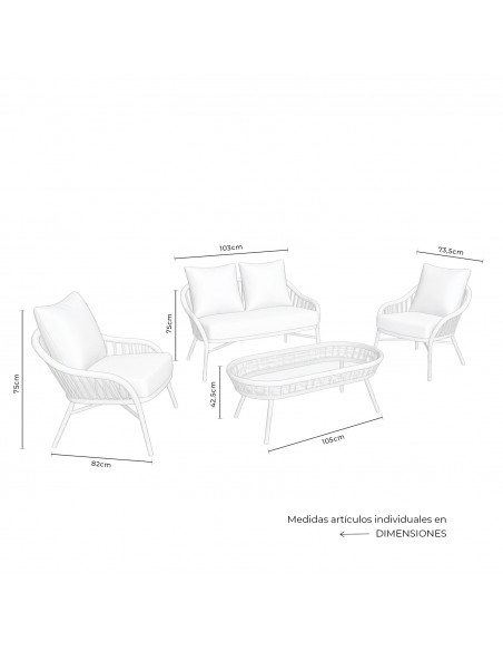 Conjunto de jardim SALONICA em bege com sofá, poltronas e mesa de corda e aço galvanizado