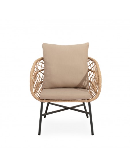 Set de jardín PERUGIA acero galvanizado negro y cuerda beige, sofá, sillones y mesa