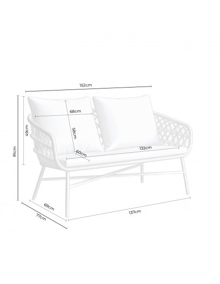 Set de jardín PERUGIA acero galvanizado negro y cuerda beige, sofá, sillones y mesa
