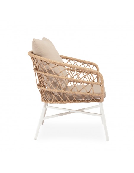 Set de jardín PERUGIA acero galvanizado blanco y cuerda beige, sofá, sillones y mesa