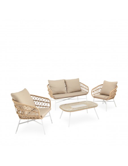 Set de jardín PERUGIA acero galvanizado blanco y cuerda beige, sofá, sillones y mesa
