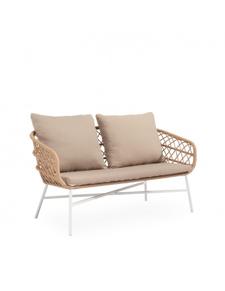 Set de jardín PERUGIA acero galvanizado blanco y cuerda beige, sofá, sillones y mesa