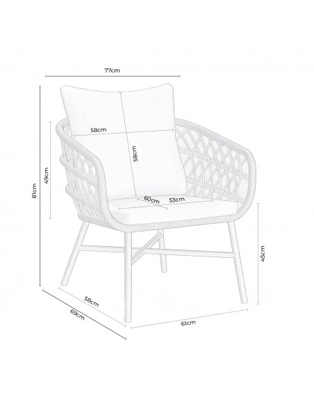 Set de jardín PERUGIA acero galvanizado blanco y cuerda beige, sofá, sillones y mesa