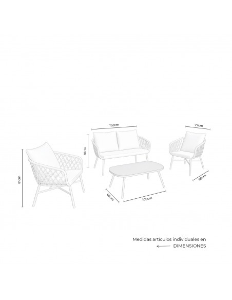 Conjunto de jardim PERUGIA em aço galvanizado branco e corda bege, sofá, cadeirões e mesa