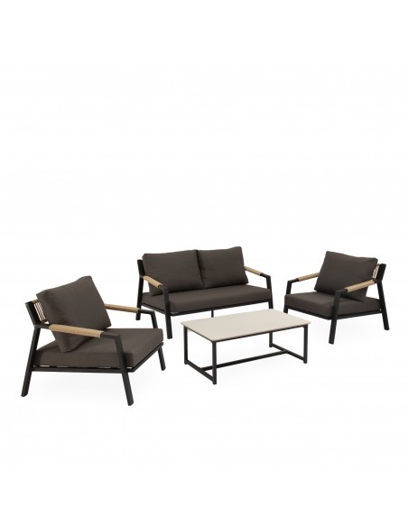 Conjunto de jardín MUSCAT aluminio negro con sofá, sillones y mesa con porcelánico blanco