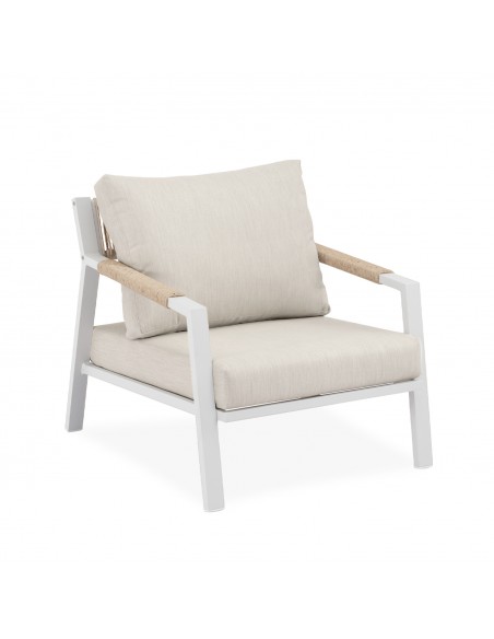 Set de jardim branco MUSCAT com sofá, poltronas de vime e uma mesa de alumínio com porcelânico branco