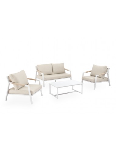 Set de jardín MUSCAT aluminio blanco con sofá, sillones y mesa con porcelánico blanco