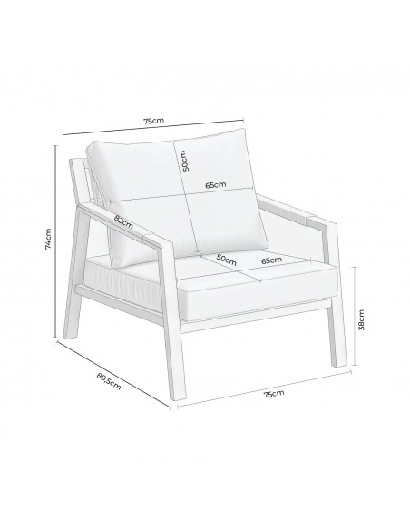 Set de jardim branco MUSCAT com sofá, poltronas de vime e uma mesa de alumínio com porcelânico branco