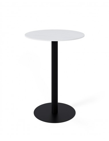 Mesa alta LYA 70x96, tampo em porcelânico branca e base em metal preto