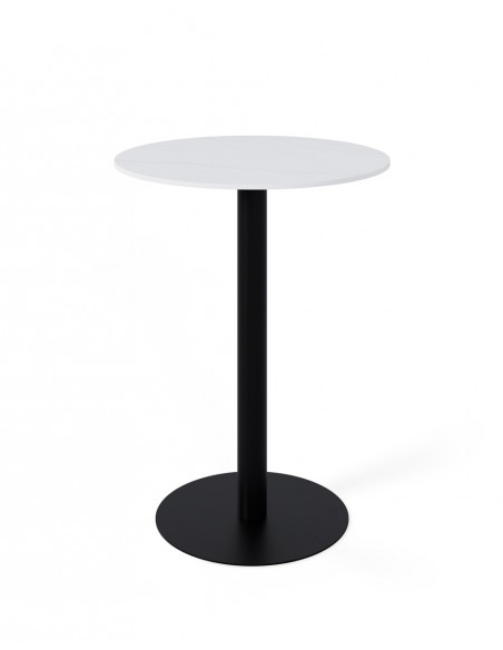 Mesa alta LYA 70x96, tampo em porcelânico branca e base em metal preto