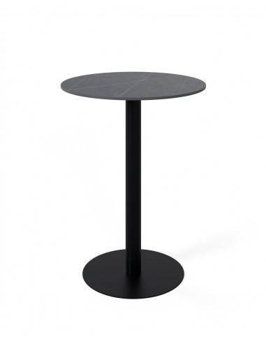 Mesa alta LYA 70x96, tampo em porcelânico cinza e base em metal preto
