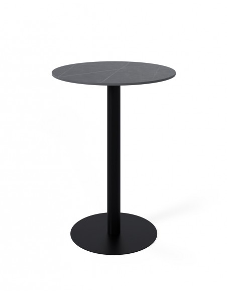 Mesa alta LYA 70x96, tampo em porcelânico cinza e base em metal preto